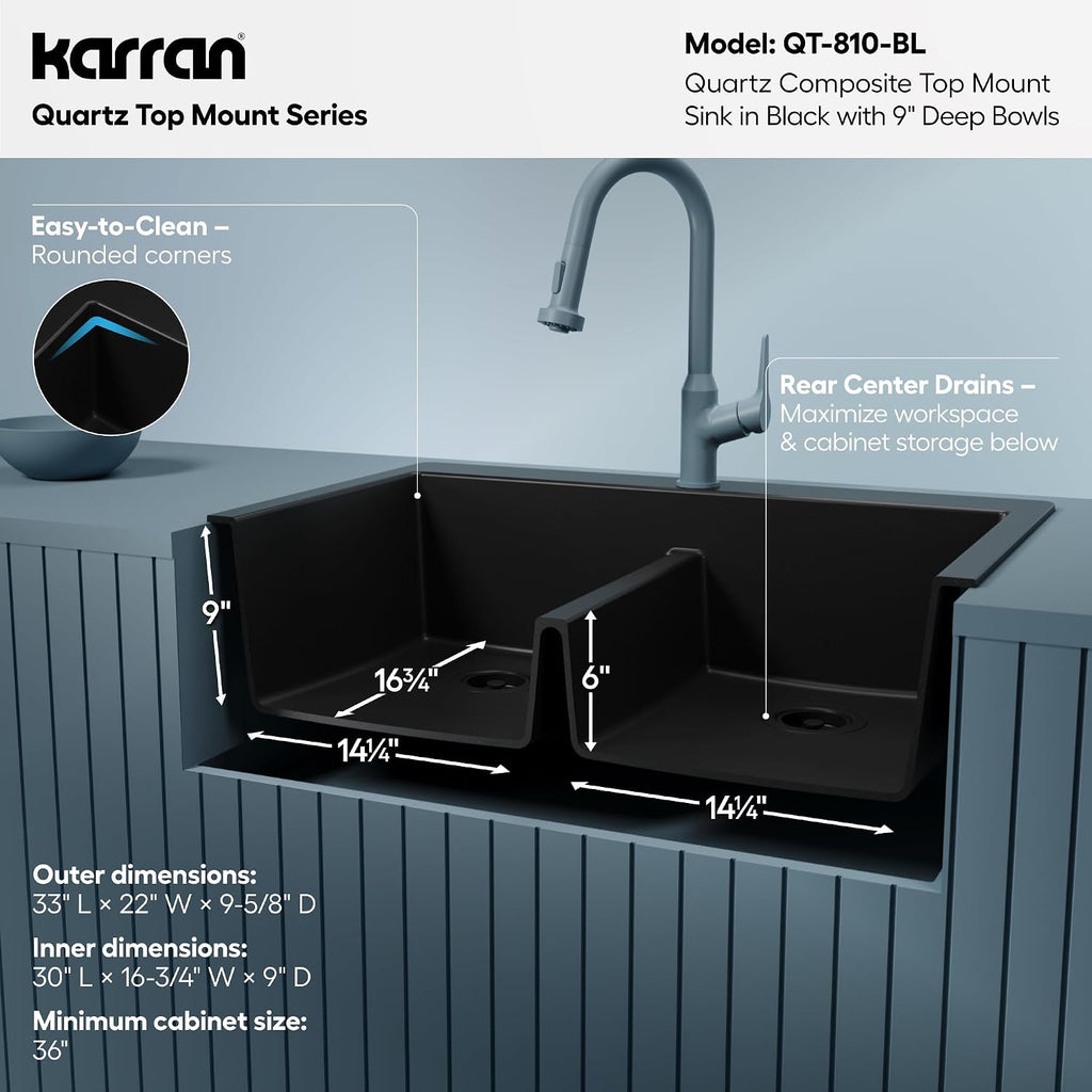 Karran 33' Black Quartz Composite Double Bowl Kitchen Sink – Top Mount Drop-In 50/50 Low Divider, 80% Natural Quartz, 535°F Heat Resistant, Sound Dampening, Granite Composite, QT-810