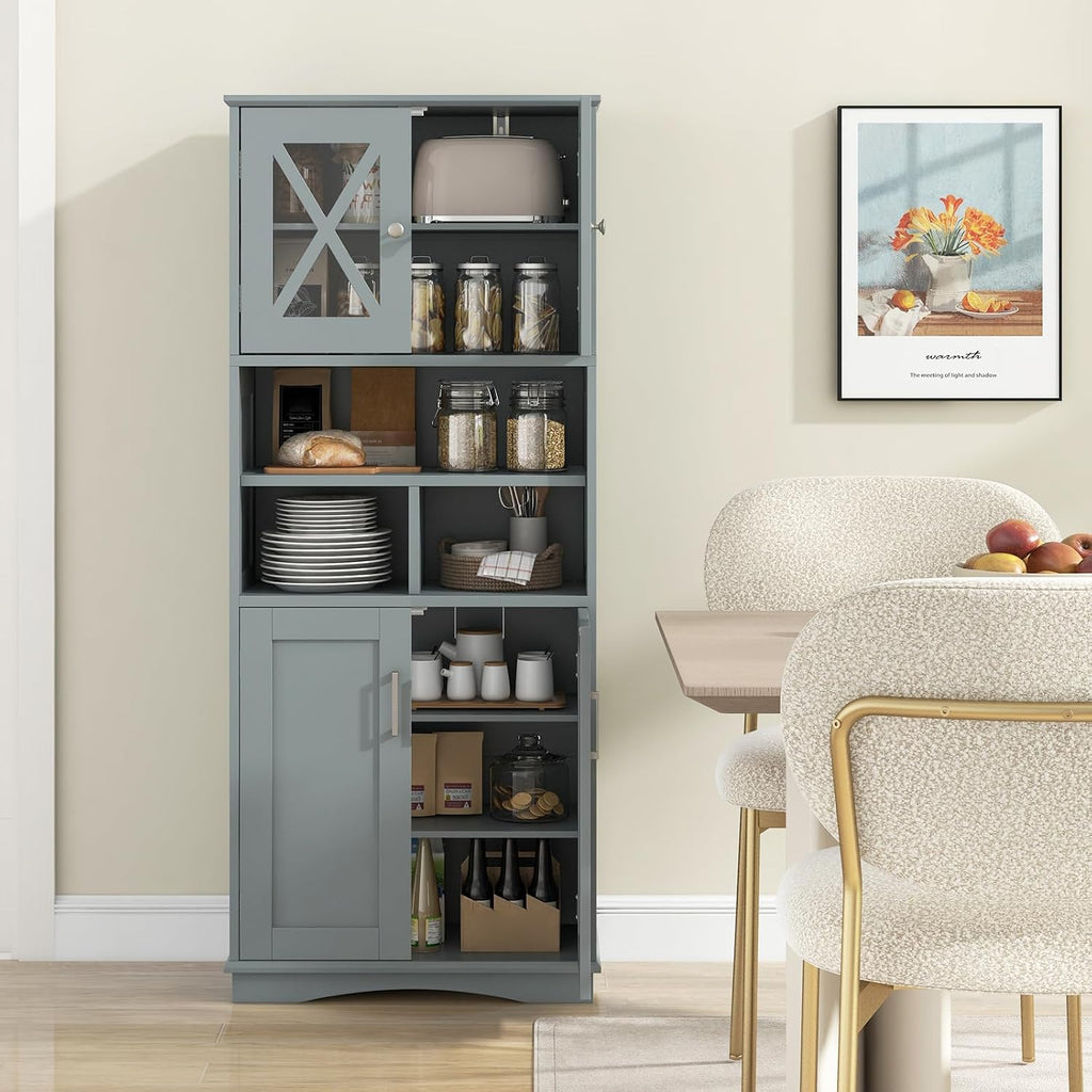Tangkula Tall Bathroom Cabinet, Modern Kitchen Cupboard Pantry with Adjustable Shelves, 2 Acrylic Doors & 3 Open Cubes, Large Floor Storage Cabinet for Bathroom Living Room (23.5 x 12 x 57 Inch,Grey)