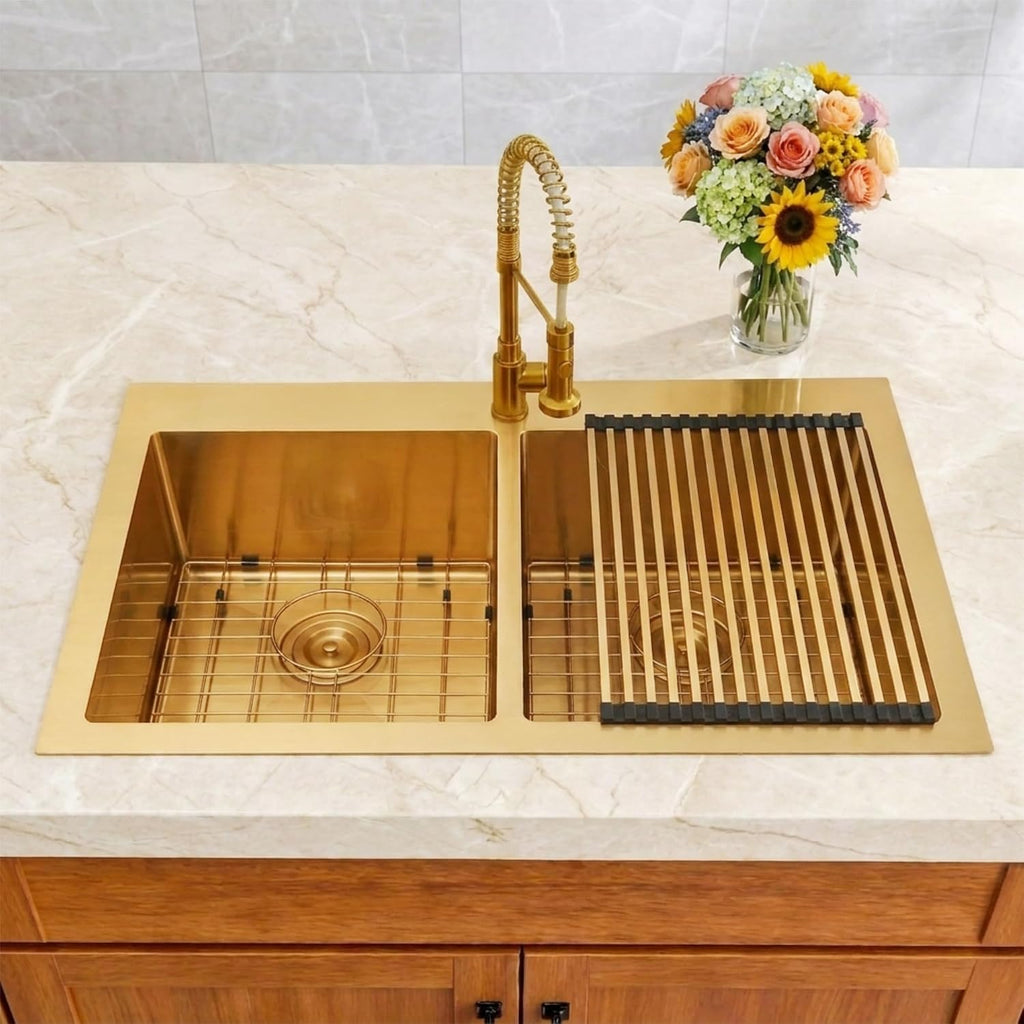 Gold Kitchen Sink,33 X 22 inch Drop in Kitchen Sinks Double Bowl,16 Gauge Stainless Steel 50/50 Double Sink,Top Mount/Drop In Double Kitchen Sink 33 inch