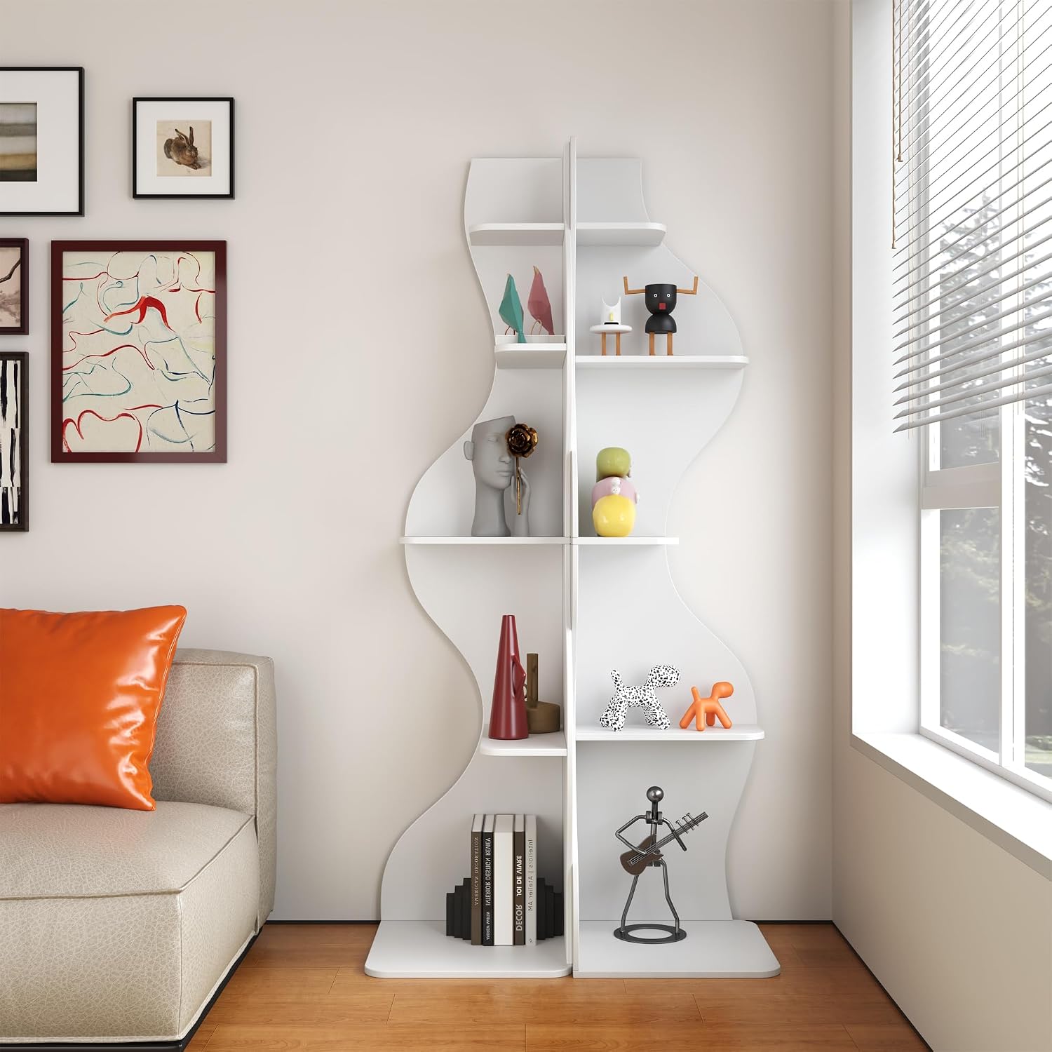YOWOS 69.4' 5-Tier Modern Corner Bookshelf – Wavy Wooden Display Shelf with Storage, Narrow Corner Bookcase for Small Spaces, Ideal for Plants, Books & Decor (White)