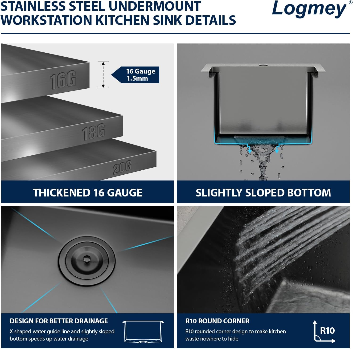 Logmey 15' Square Drop in Bar Sink,PVD Nano Gun Black 16 Gauge Stainless Steel,15x15x9 Workstation Sink for Kitchen Prep,RV,Wet Bar & Outdoor