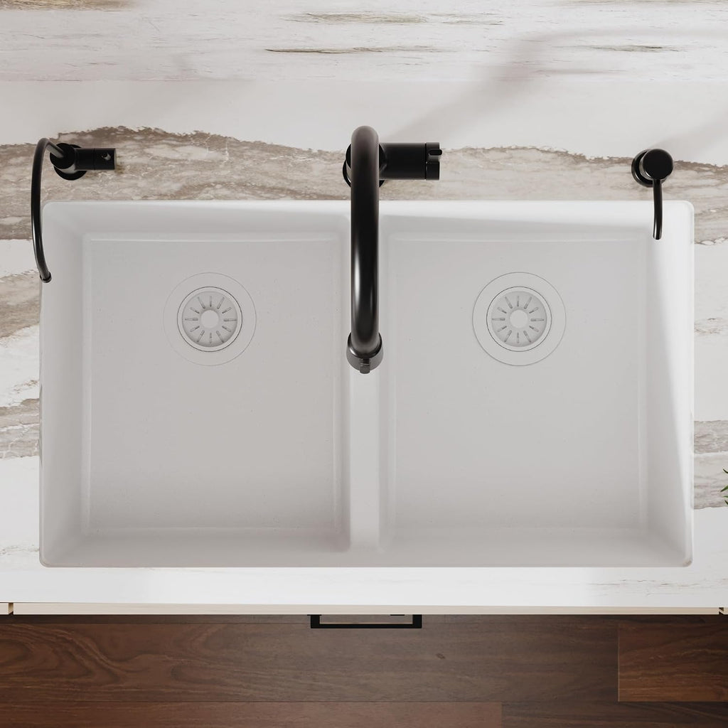 Karran 32' White Quartz Composite Undermount Double Bowl Kitchen Sink with Low Divider – 50/50 Equal Bowl, 535°F Heat Resistant, Sound Dampening, QU-810