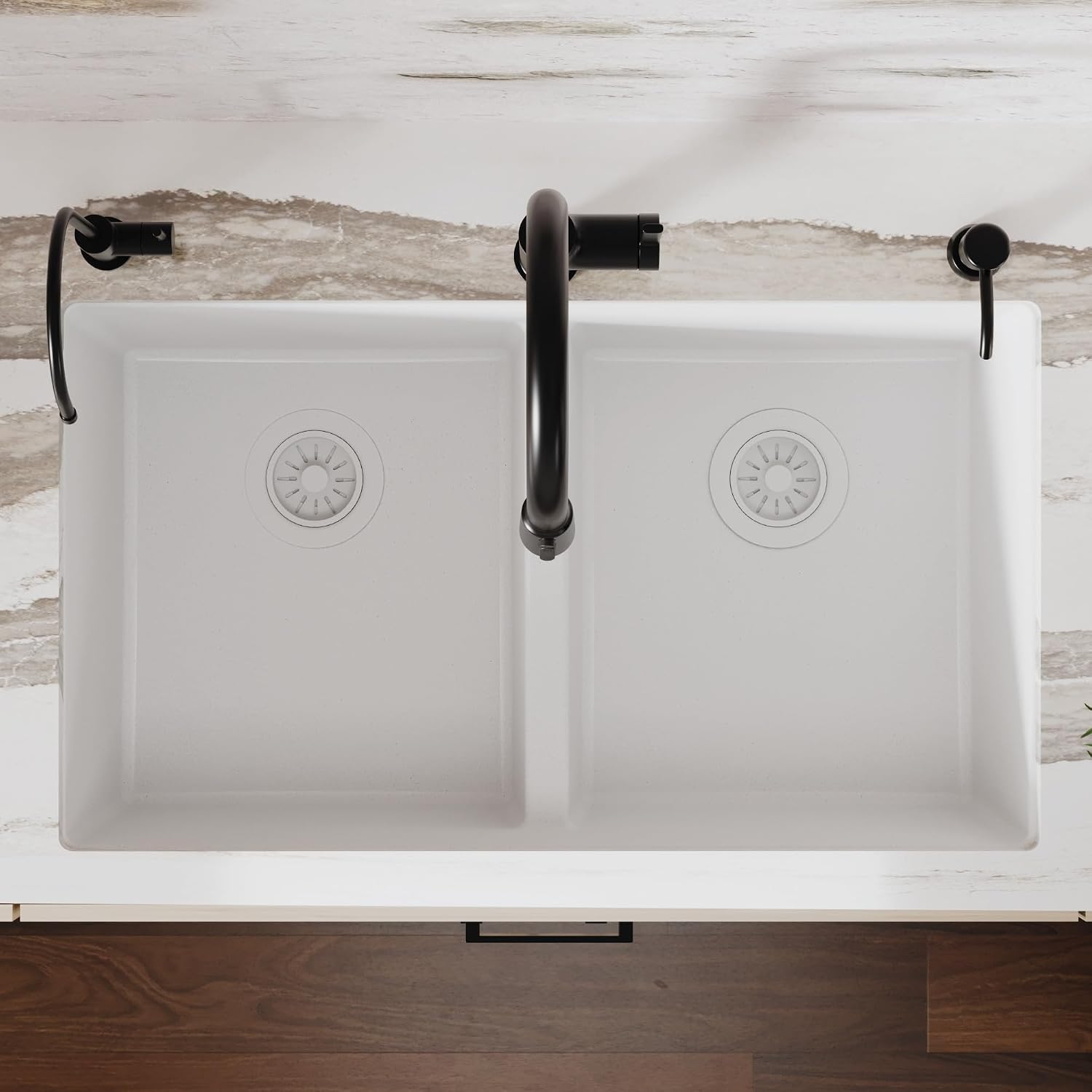 Karran 32' White Quartz Composite Undermount Double Bowl Kitchen Sink with Low Divider – 50/50 Equal Bowl, 535°F Heat Resistant, Sound Dampening, QU-810