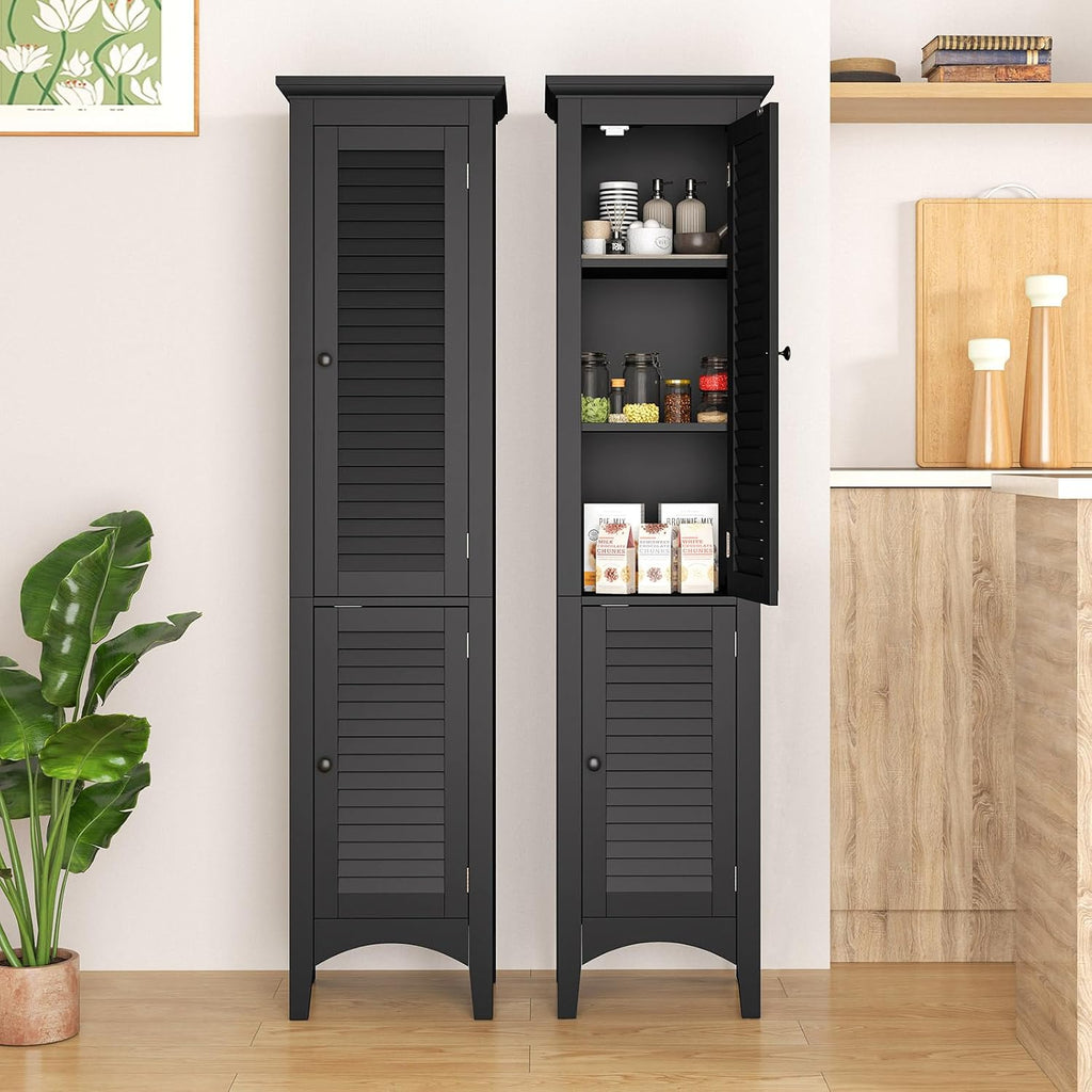 Tangkula 63' Tall Bathroom Storage Cabinet, Freestanding Narrow Linen Tower with Adjustable Shelf, Modern Slim Floor Cabinet with 2 Doors for Bathroom, Living Room, Kitchen (Black)
