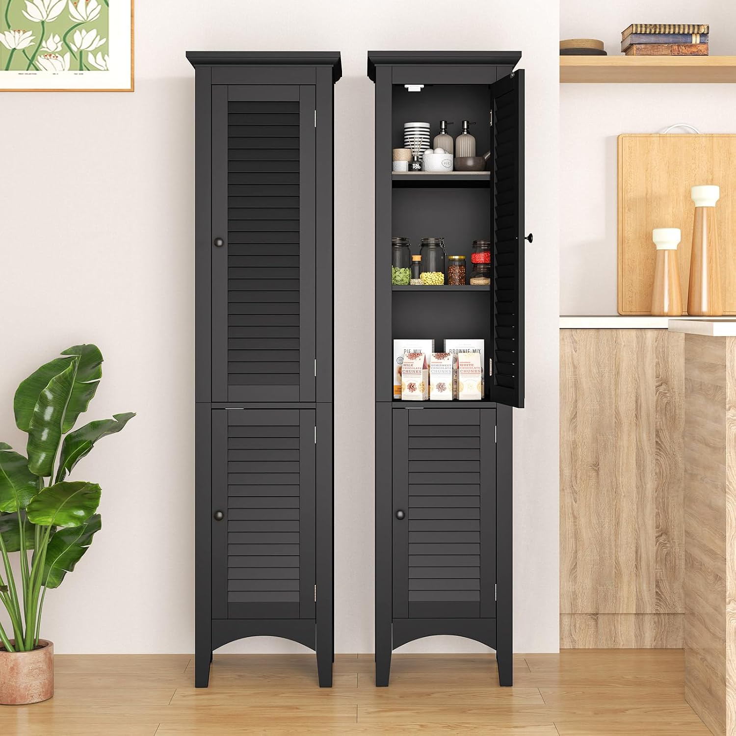 Tangkula 63' Tall Bathroom Storage Cabinet, Freestanding Narrow Linen Tower with Adjustable Shelf, Modern Slim Floor Cabinet with 2 Doors for Bathroom, Living Room, Kitchen (Black)