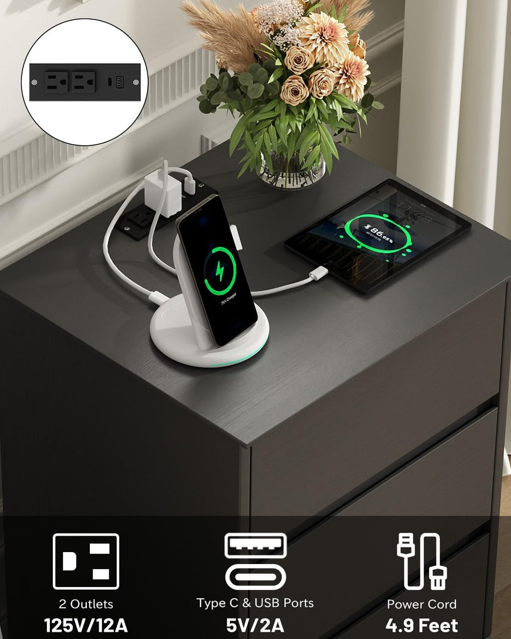2 pcs Nightstand with Charging Station, Side Table with 3 Drawers, Wooden Bedside Table with Type C, USB Ports and Outlets for Bedroom, Black