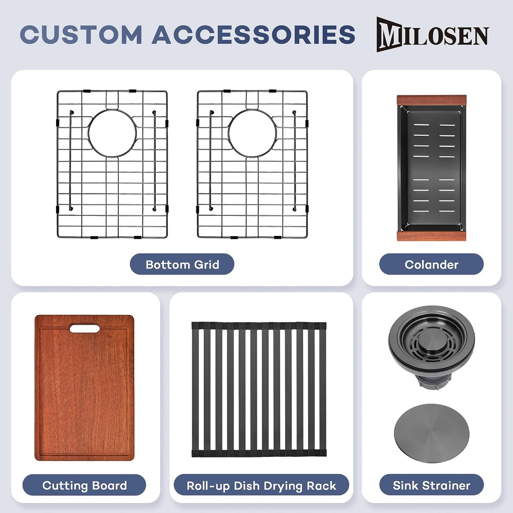 MILOSEN 30 Inch Black Farmhouse Kitchen Sink, 30''x22'' Drop in Black Stainless Steel Workstation Apron Front Sink with Ledge & Accessories, Double Bowl Farm Sinks, 10'' Large and Deep Handmade Sinks