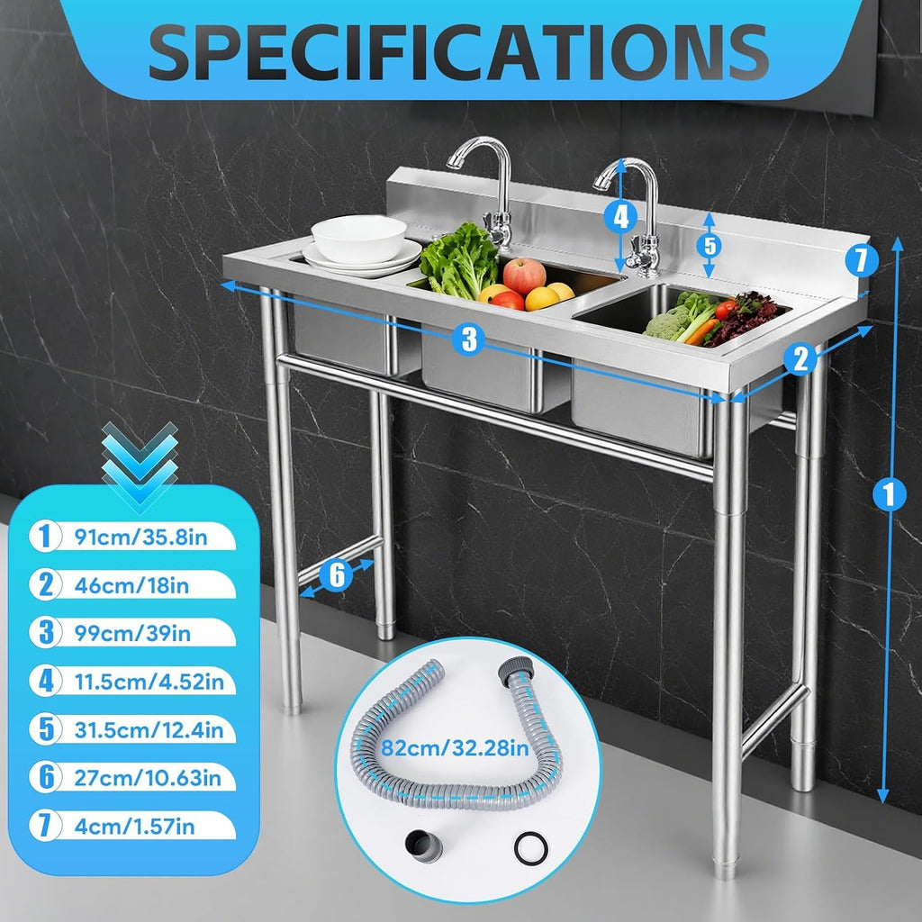 3 Compartment Stainless Steel Sink, 39'' × 18'' × 36'' Commercial Utility Sink, Free Standing Three Bowl Kitchen Sink Set with 2 Faucets Hot & Cold Water Pipes for Food Truck, Bar, Restaurant