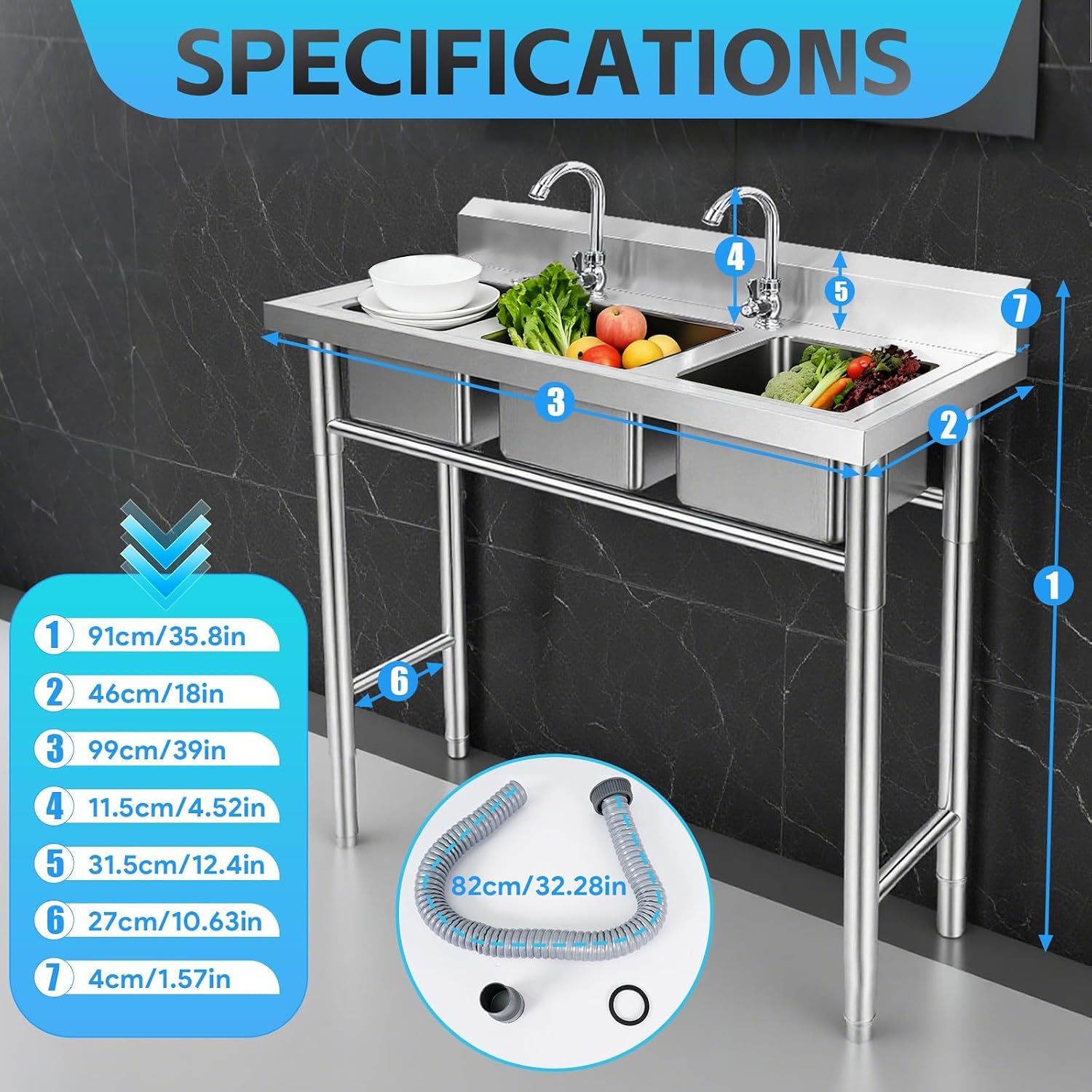 3 Compartment Stainless Steel Sink, 39'' × 18'' × 36'' Commercial Utility Sink, Free Standing Three Bowl Kitchen Sink Set with 2 Faucets Hot & Cold Water Pipes for Food Truck, Bar, Restaurant