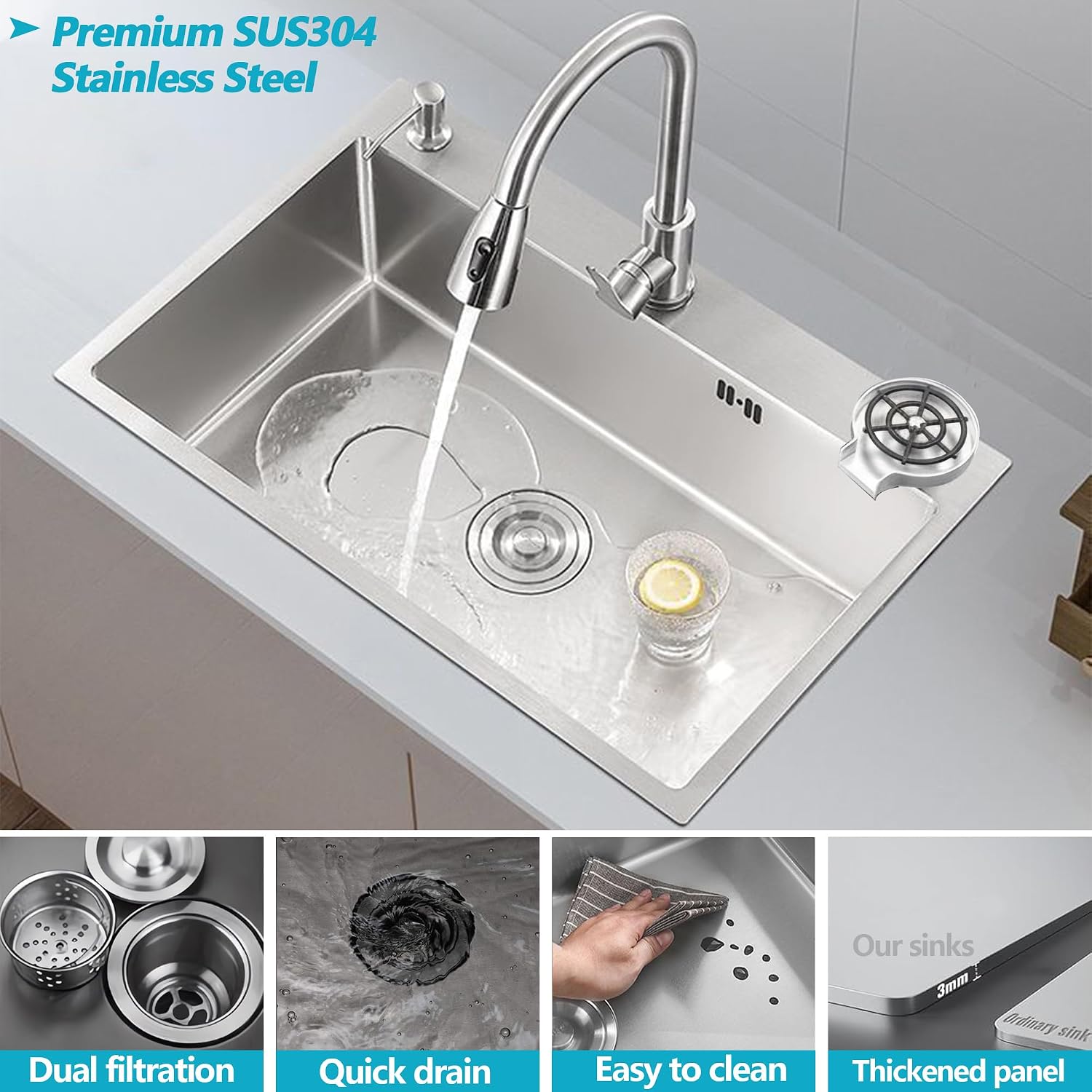 Stainless Steel Kitchen Sink with Faucet, Single Bowl Top Mount/Drop-In 3 Hole Single Bowl Workstation Sink with Cup Washer, Soap Dispenser, Drainage kit for Bar, Kitchen, Balcony (20 * 18in)