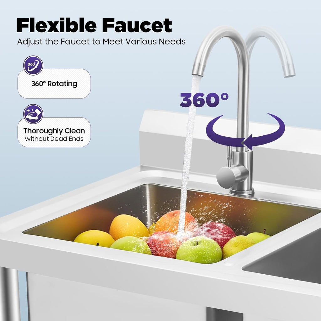 2 Compartment Commercial Kitchen Sink, Stainless Steel Freestanding Double Bowl Utility Sink With 2 360° Rotating Faucet Heavy Duty Portable Double Sink for Kitchen Garage(35.8x21.3x40in)