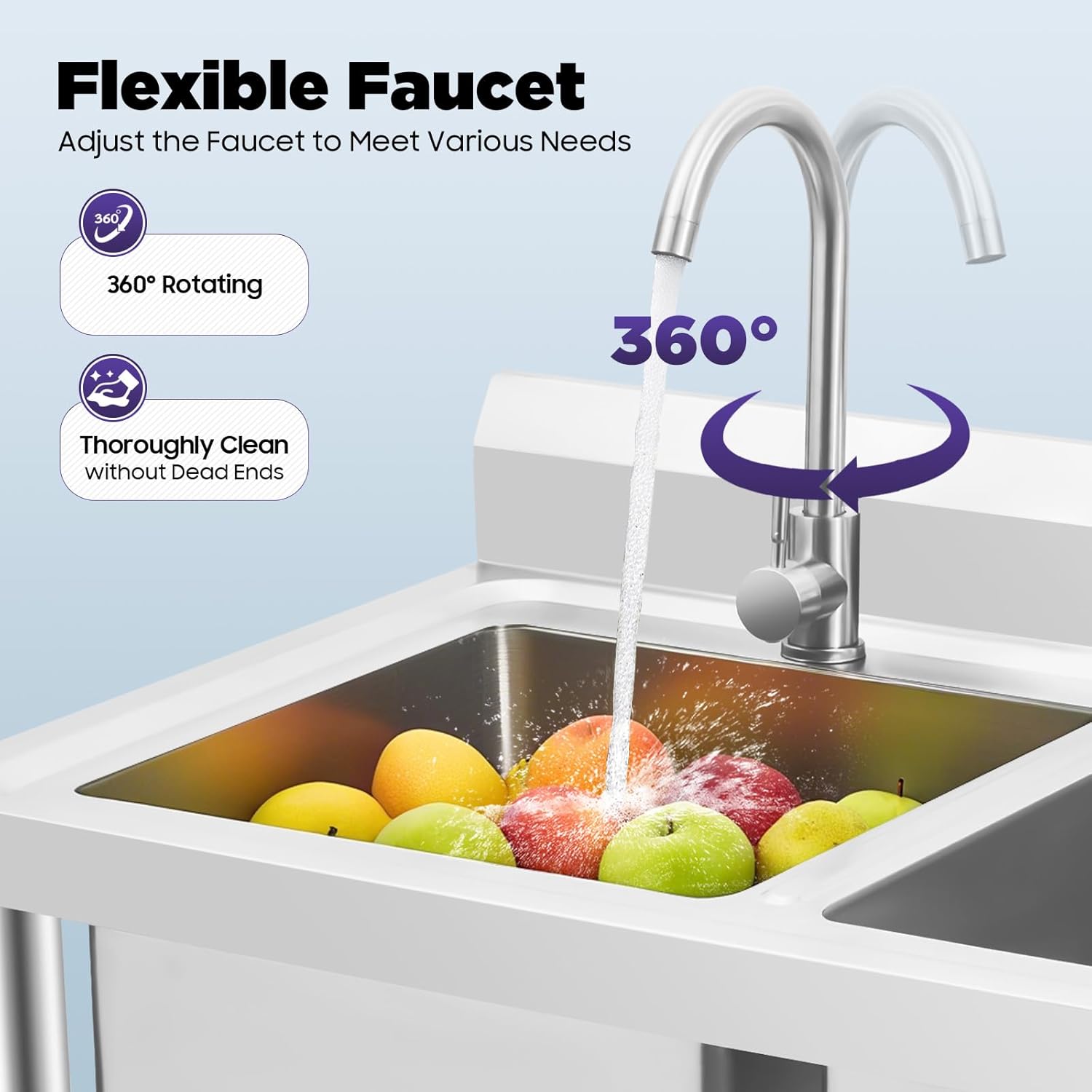 2 Compartment Commercial Kitchen Sink, Stainless Steel Freestanding Double Bowl Utility Sink With 2 360° Rotating Faucet Heavy Duty Portable Double Sink for Kitchen Garage(35.8x21.3x40in)