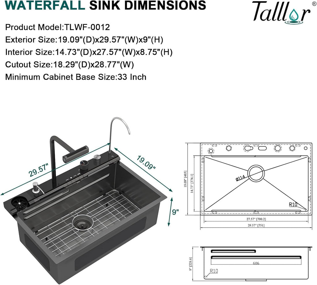 Smart Kitchen Sink - 30' Drop In Waterfall Single Bowl 16 Gauge 304 Stainless Steel Workstation Sink with Mechanical Control Panel & Pull-Down Faucet, Gunmetal Black for Decoration #TLWF-0012
