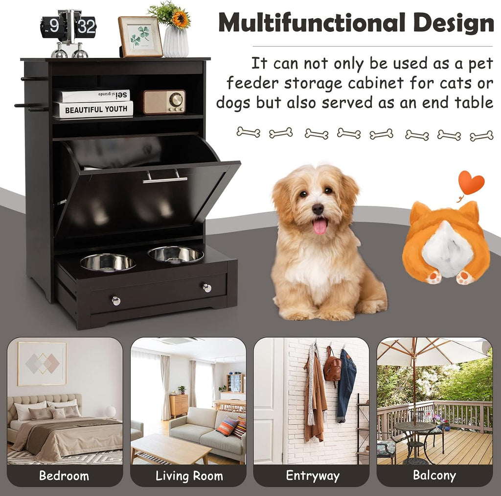 Dog Food Cabinet Feeding Station with 2 Raised Bowls, Pull Out Elevated Dog Bowl, Storage, 3 Hangers, Pet Feeder Toy Leashes Organizer, Brown