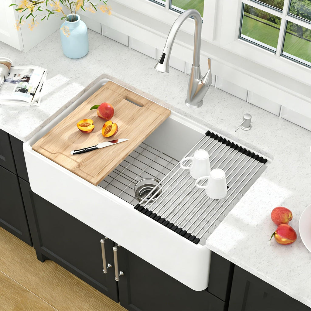 Lordear 33 Inch White Farmhouse Sink Workstation Apron Front Reversible Fireclay Porcelain Single Bowl Farmer Farm House Style Sinks 33x20x10