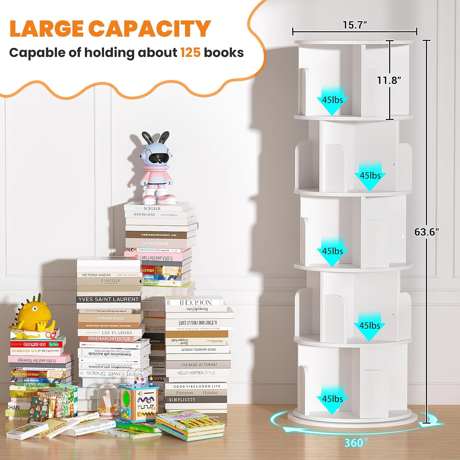 Besiost Rotating Bookshelf Tower, 5 Tier Spinning Bookcase, Revolving 360 Book Shelf Narrow Tall Bookcase, Vertical Turning Round Bookshelf Organizer, Wood Corner Book Shelf for Small Space, White