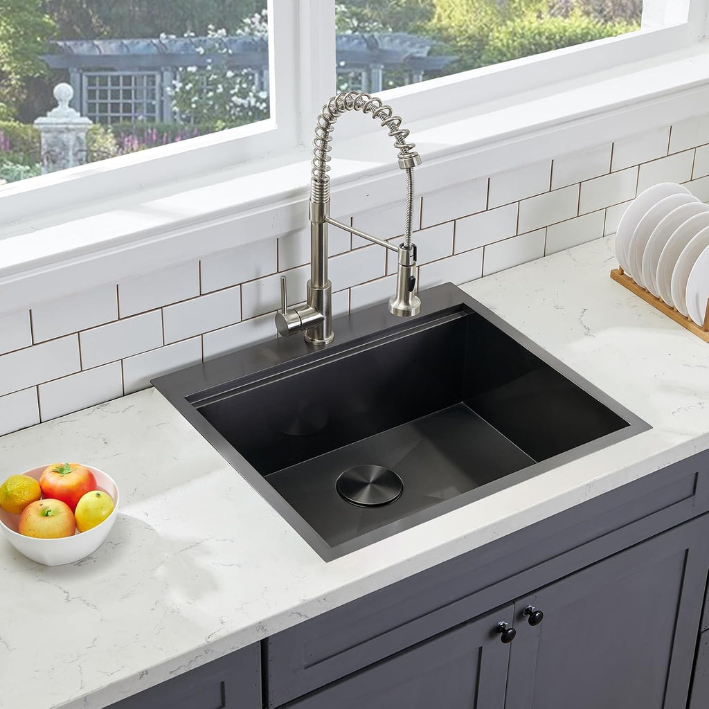 SHACO 18x18 Inch Drop In Black Bar Sink, 18 Inch Gunmetal Black Top Small Mount Kitchen Sink, 304 Stainless Steel 16 Gauge Single Bowl Laundry Prep RV Sink with Strainer Drain