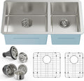 PHS 33-Inch Undermount -60/40 Double Bowl 16 Gauge Stainless Steel Kitchen Sink with Accessories, 9 Inch Deep Sinks with Brushed Finish