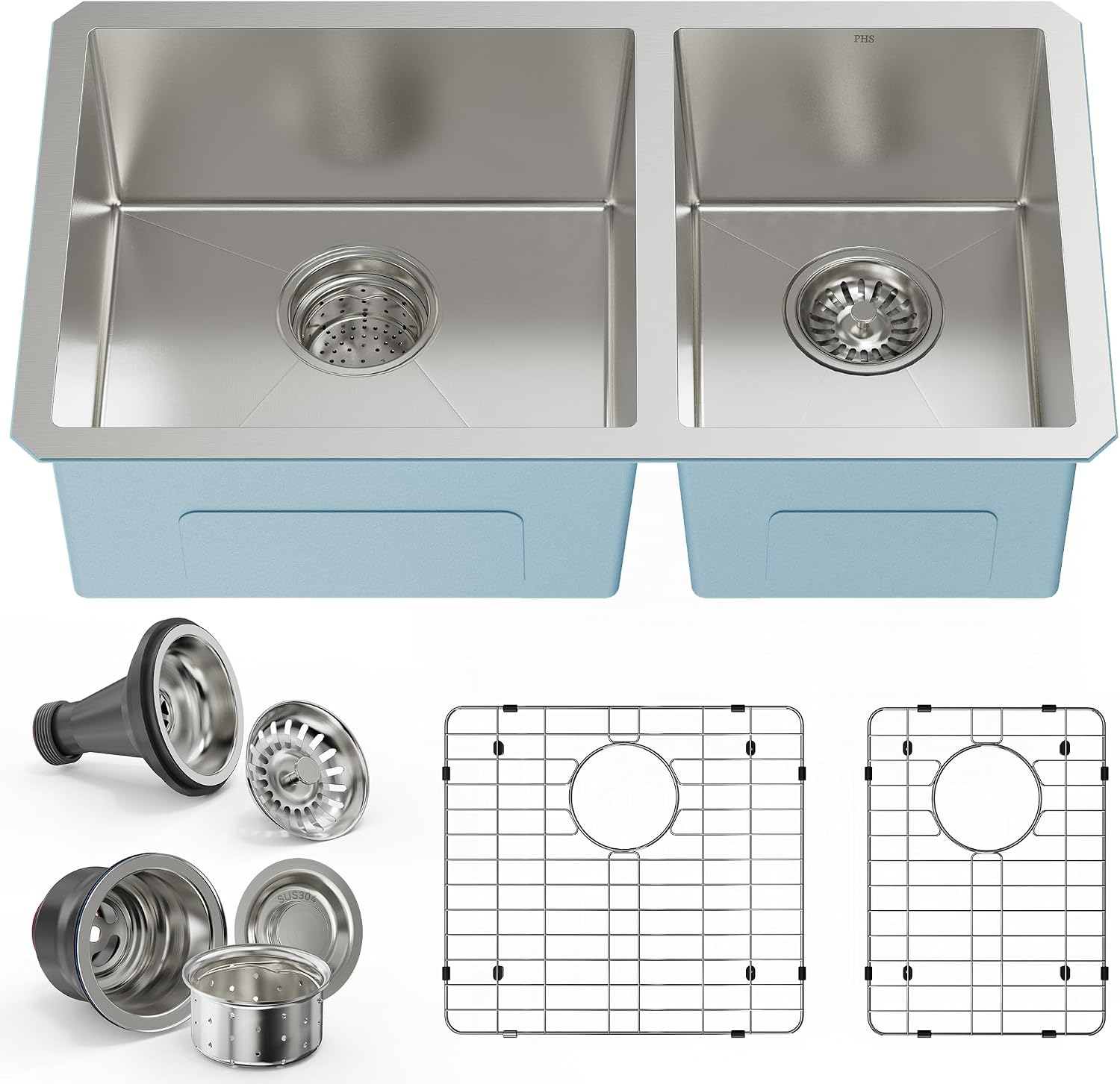 PHS 33-Inch Undermount -60/40 Double Bowl 16 Gauge Stainless Steel Kitchen Sink with Accessories, 9 Inch Deep Sinks with Brushed Finish