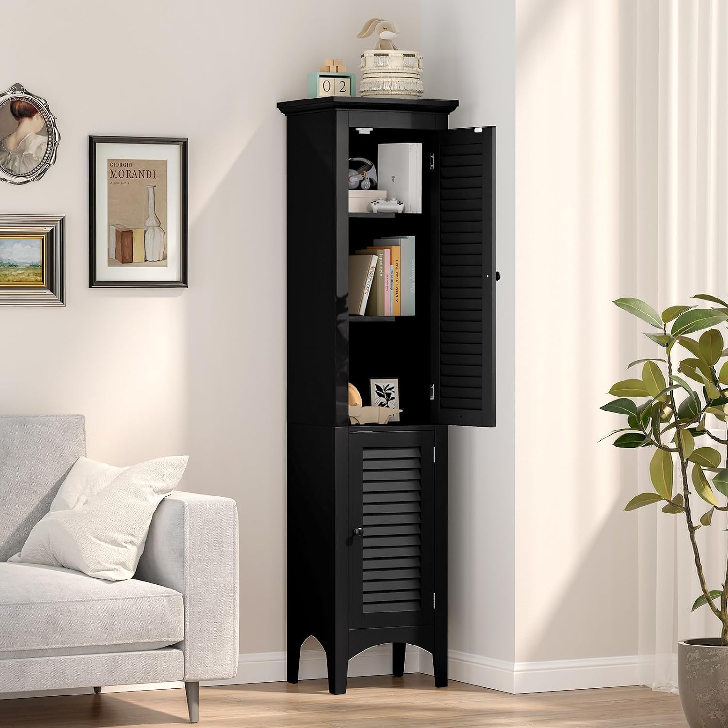 Tangkula 63' Tall Bathroom Storage Cabinet, Freestanding Narrow Linen Tower with Adjustable Shelf, Modern Slim Floor Cabinet with 2 Doors for Bathroom, Living Room, Kitchen (Black)