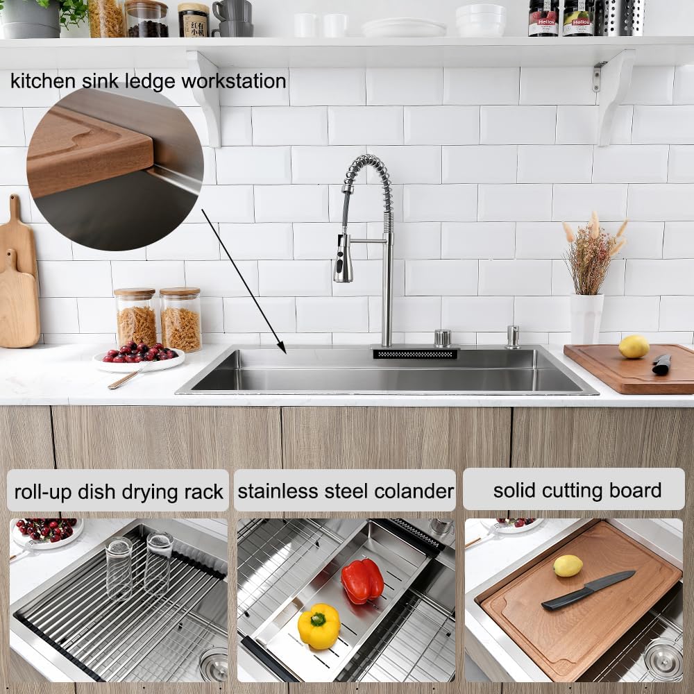 33 Inch Drop In Waterfall Kitchen Sink, 33x22 Drop in Kitchen Sink with Faucet Workstation Kitchen Sink 16 Gauge Stainless Steel Single Bowl Multifunctional Modern Kitchen Sink
