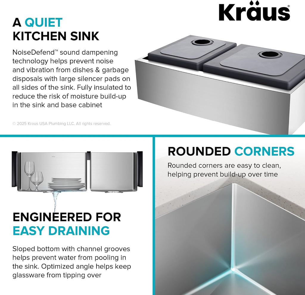 KRAUS Standart Pro 33-Inch Apron Front Farmhouse 16-Gauge 60/40 Double Bowl Stainless Steel Kitchen Sink, KHF203-33