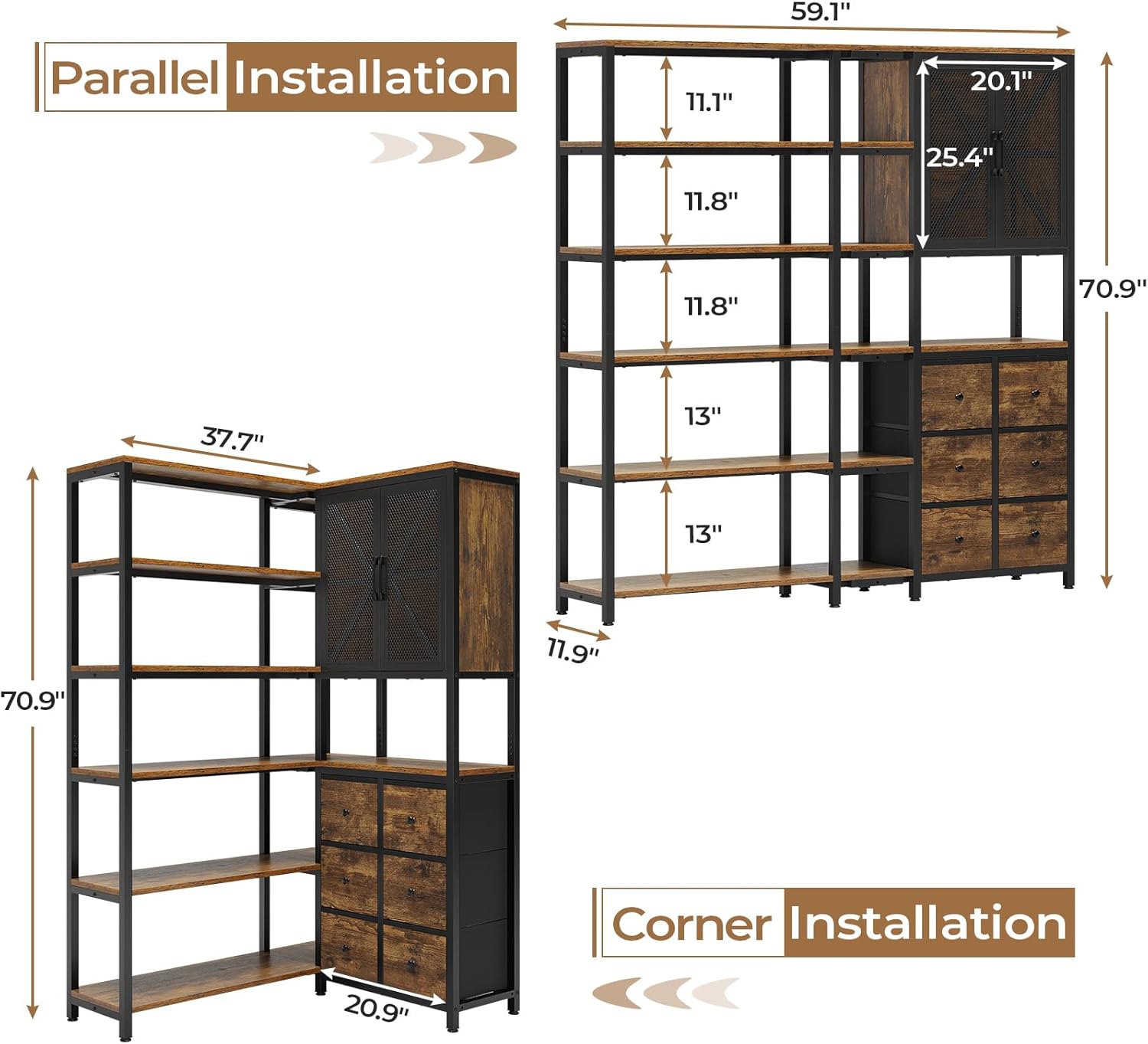 HAUOMS Corner Bookshelf, 6 Tier Industrial Convertible Bookshelf with 6 Fabric Drawers, Corner Bookcase Large L Shaped Storage Display Shelf for Home Office, Living Room, Kitchen, Black