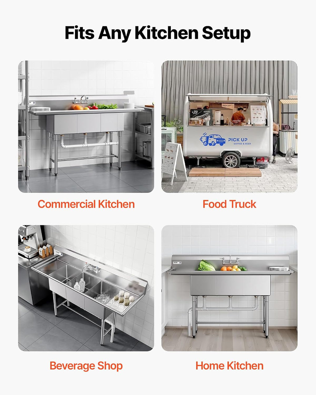 VEVOR 3 Compartment Sink, 18-Gauge 304 Stainless Steel, 14' x 16' x 11' Bowl Size, 3 Bay Commercial Kitchen Prep & Utility Sink with 2 Drainboards and Backsplash for Restaurant, Food Truck & Home Use