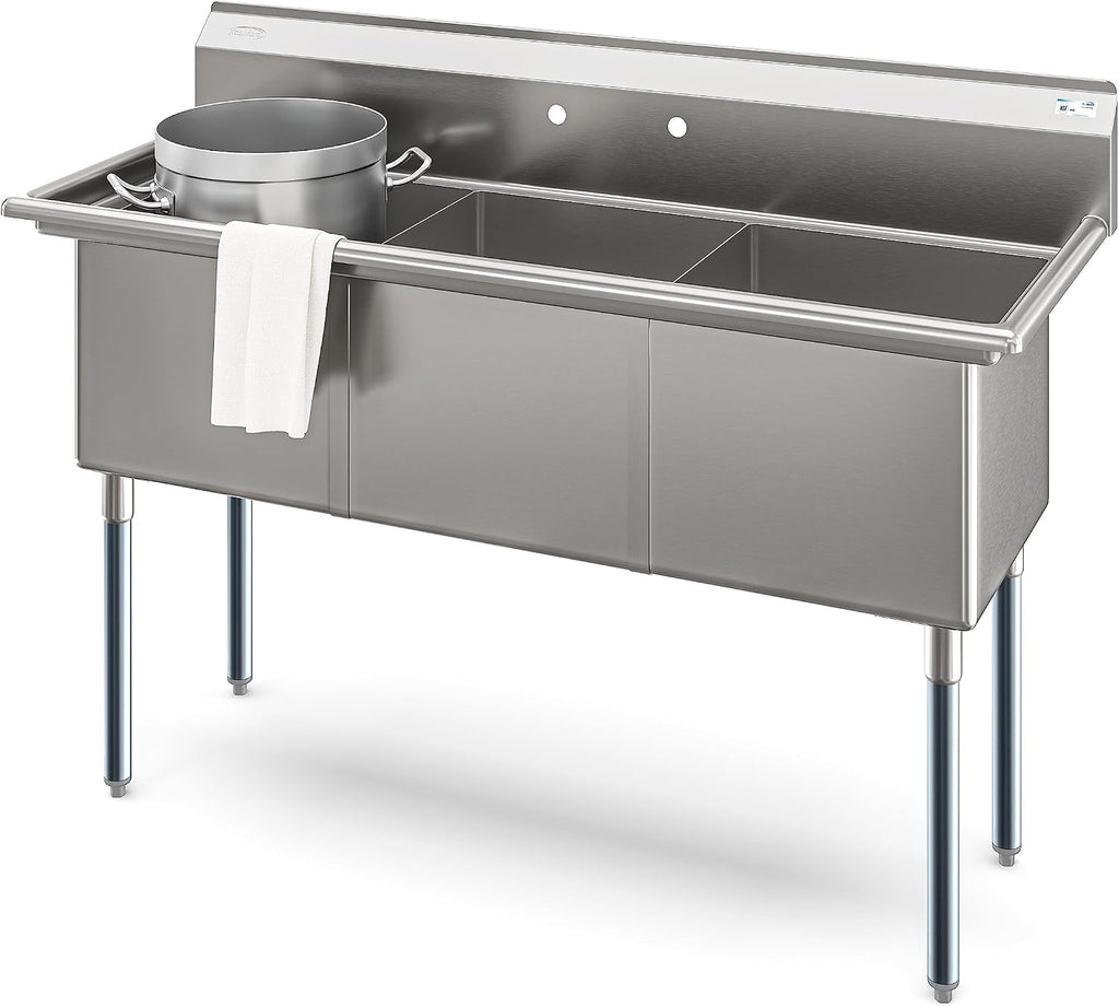 KoolMore 60 in. Three Compartment 18-Gauge Stainless-Steel NSF Commercial Kitchen Sink, Bowl Size 18x18x14, with Three Basins and Pre-Drilled Faucet Holes for Restaurants and Cafes (KM-SC181814-N3)