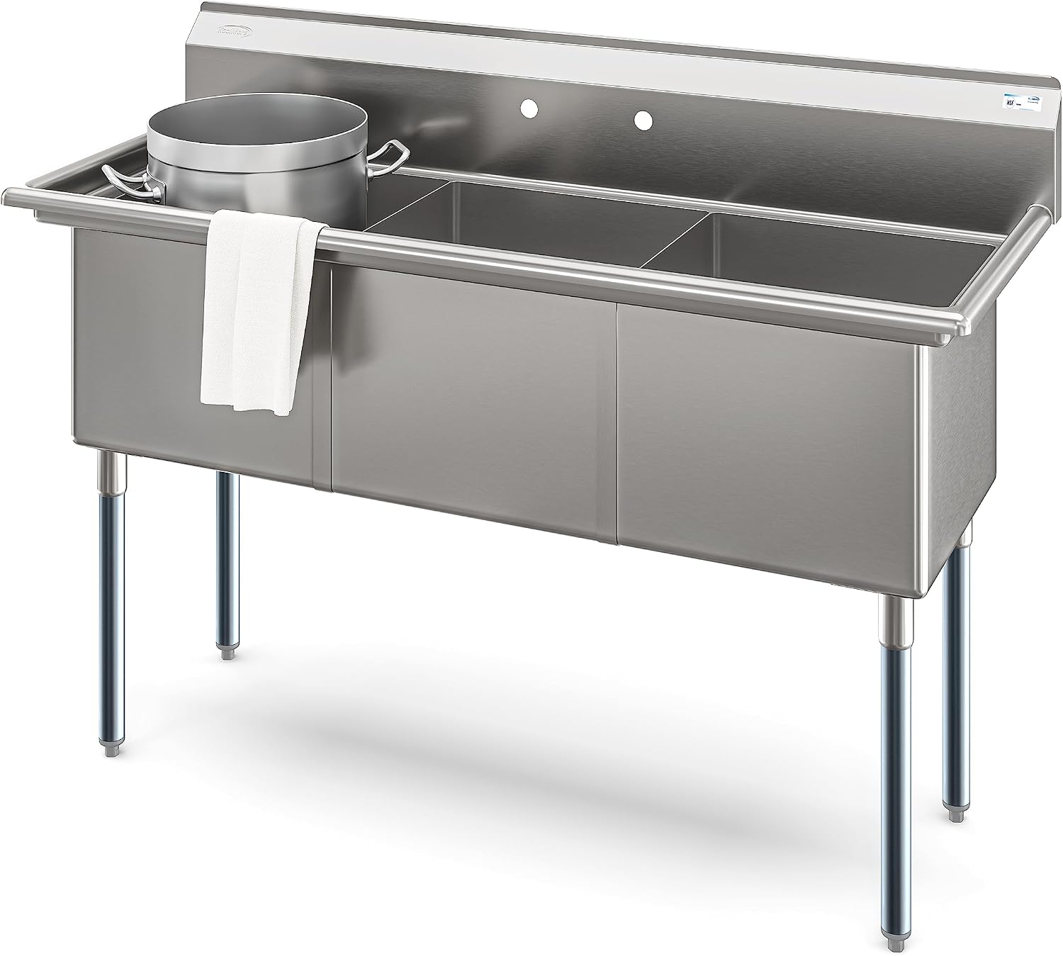 KoolMore 60 in. Three Compartment 18-Gauge Stainless-Steel NSF Commercial Kitchen Sink, Bowl Size 18x18x14, with Three Basins and Pre-Drilled Faucet Holes for Restaurants and Cafes (KM-SC181814-N3)