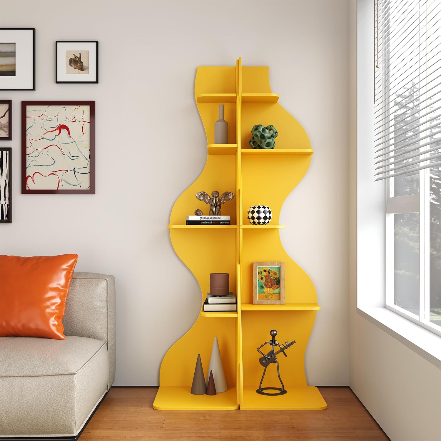 YOWOS 69.4' 5-Tier Modern Corner Bookshelf – Wavy Wooden Display Shelf with Storage, Narrow Corner Bookcase for Small Spaces, Ideal for Plants, Books & Decor (Yellow)