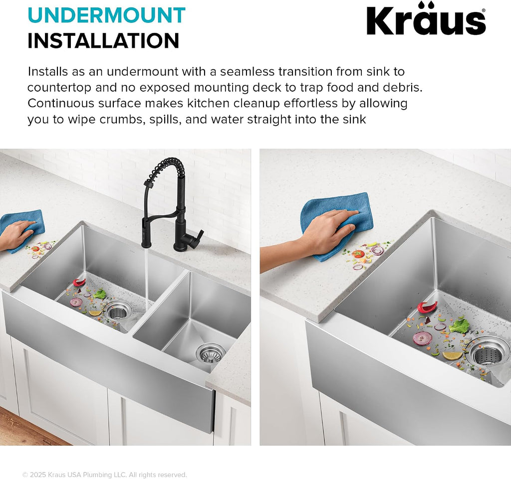 KRAUS Standart Pro 33-Inch Apron Front Farmhouse 16-Gauge 60/40 Double Bowl Stainless Steel Kitchen Sink, KHF203-33