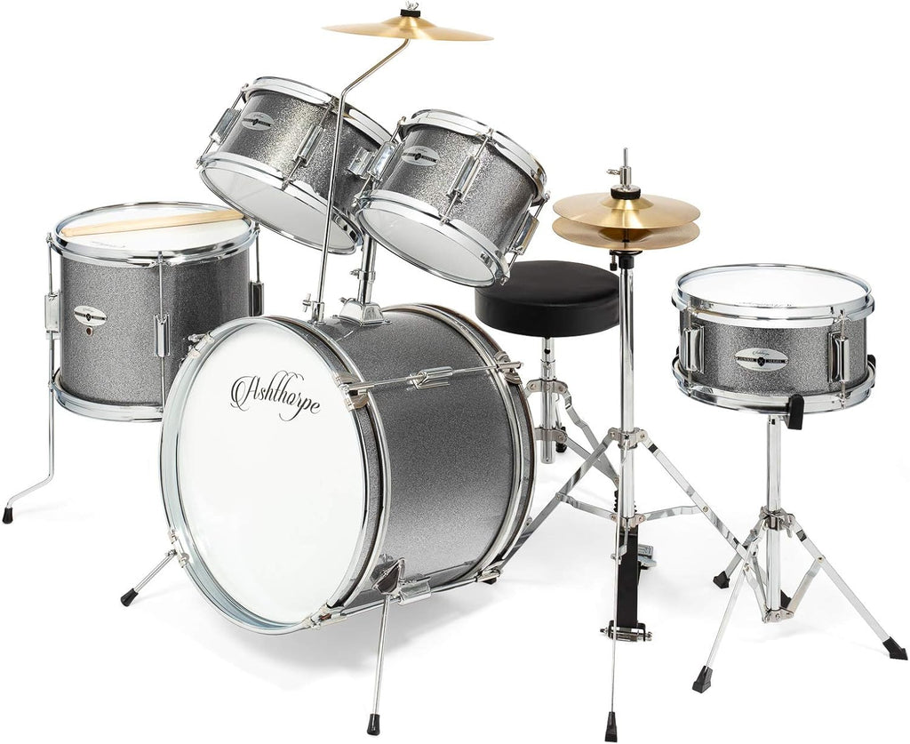 Ashthorpe 5-Piece Complete Junior Drum Set with Genuine Brass Cymbals - Advanced Beginner Kit with 16' Bass, Adjustable Throne, Cymbals, Hi-Hats, Pedals & Drumsticks - Silver