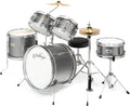 Ashthorpe 5-Piece Complete Junior Drum Set with Genuine Brass Cymbals - Advanced Beginner Kit with 16' Bass, Adjustable Throne, Cymbals, Hi-Hats, Pedals & Drumsticks - Silver