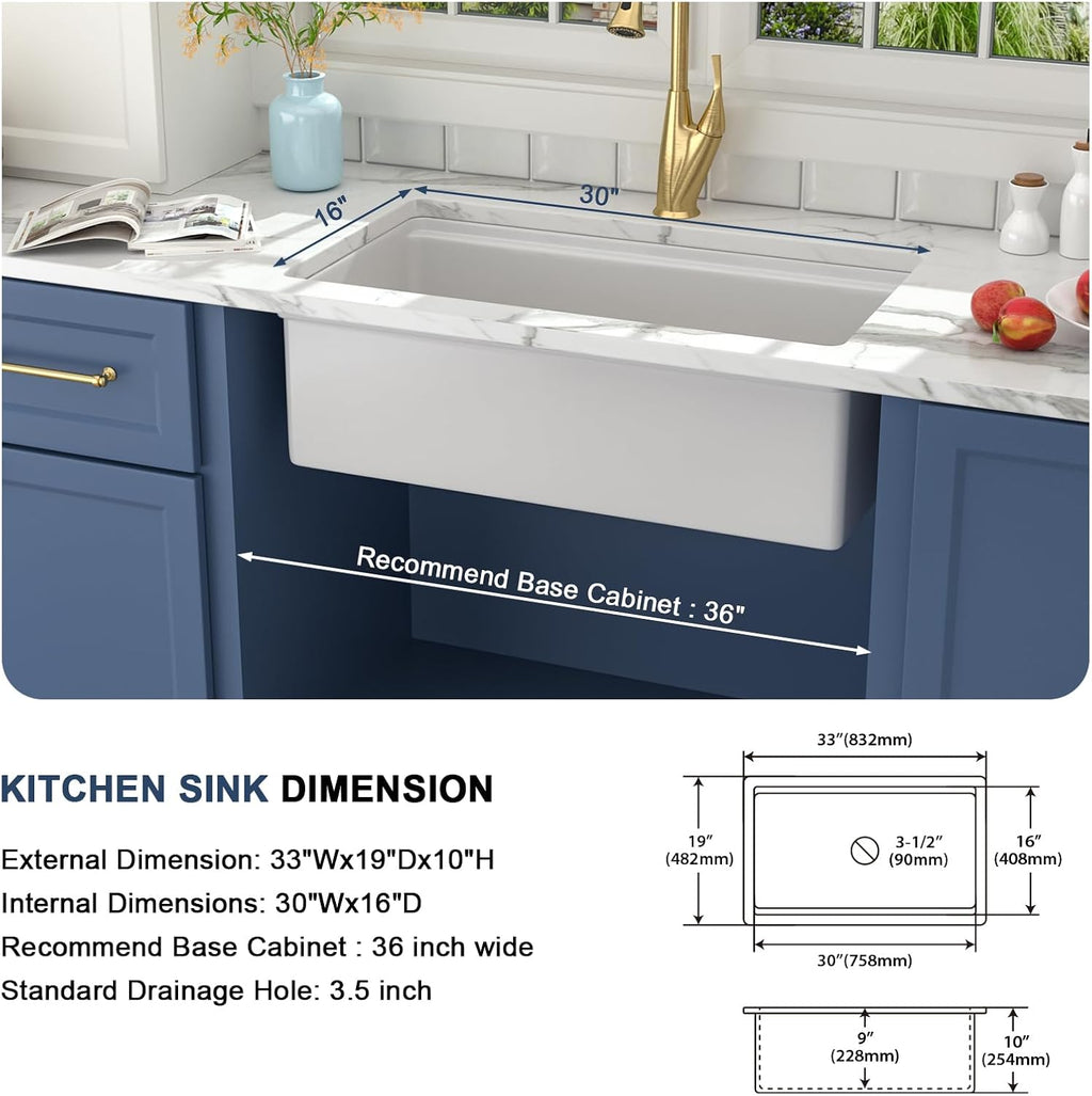 Lordear 33 Inch White Kitchen Sink Fireclay Porcelain Ceramic Undermount Sinks Single Bowl Rectangular Basin Workstation with Slide Ledge Dual Mount 33x19x10 Inch