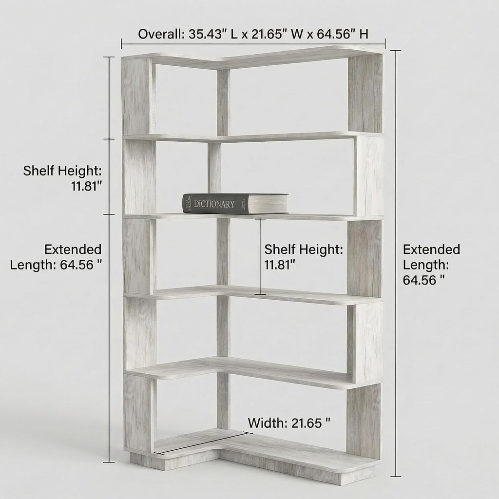 6 Tier Corner Bookshelf, Freestanding L-Shaped Wooden Bookcase with Open Shelves, Anti-Fall Panels and Anti-Tipping Device for Living Room, Home Office (Light Gray with Right Extension)