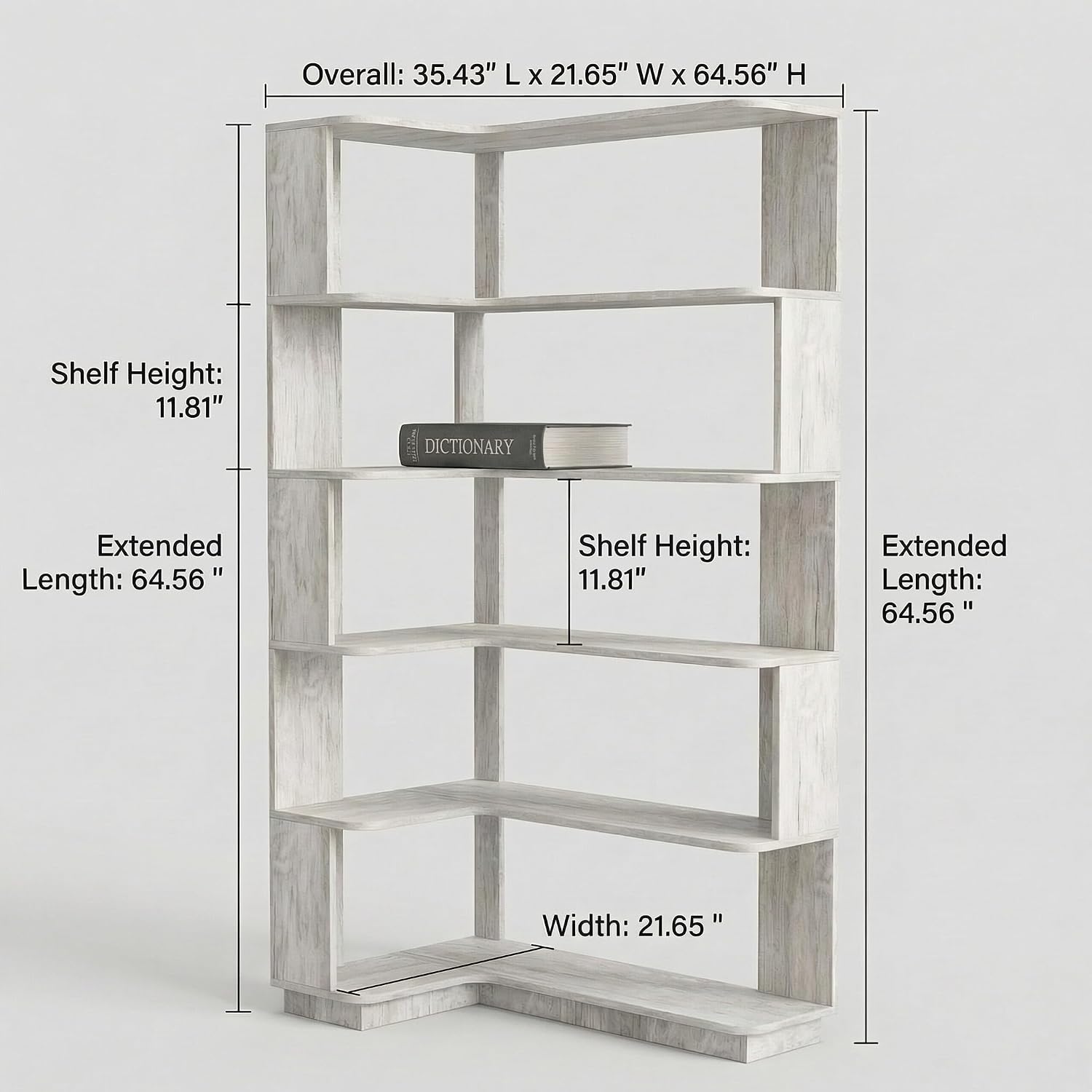 6 Tier Corner Bookshelf, Freestanding L-Shaped Wooden Bookcase with Open Shelves, Anti-Fall Panels and Anti-Tipping Device for Living Room, Home Office (Light Gray with Right Extension)
