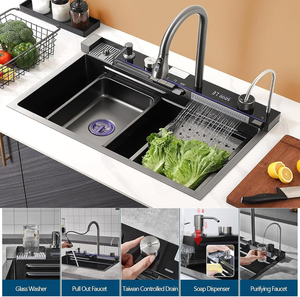 Sinks Undermount or Countertop Single Bowl Stainless Steel Kitchen Sink with Drain basket, cutting board, vegetable sink, multi-function pull-out faucet set (Black, 26.7x18x9 Inch)