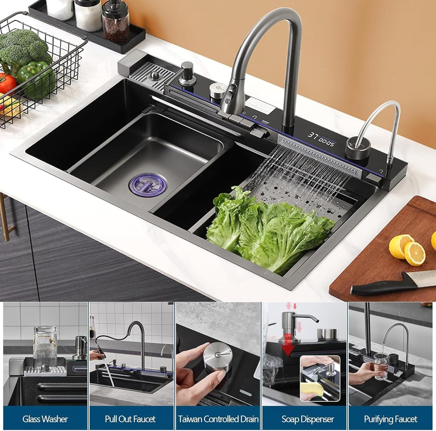 Sinks Undermount or Countertop Single Bowl Stainless Steel Kitchen Sink with Drain basket, cutting board, vegetable sink, multi-function pull-out faucet set (Black, 26.7x18x9 Inch)