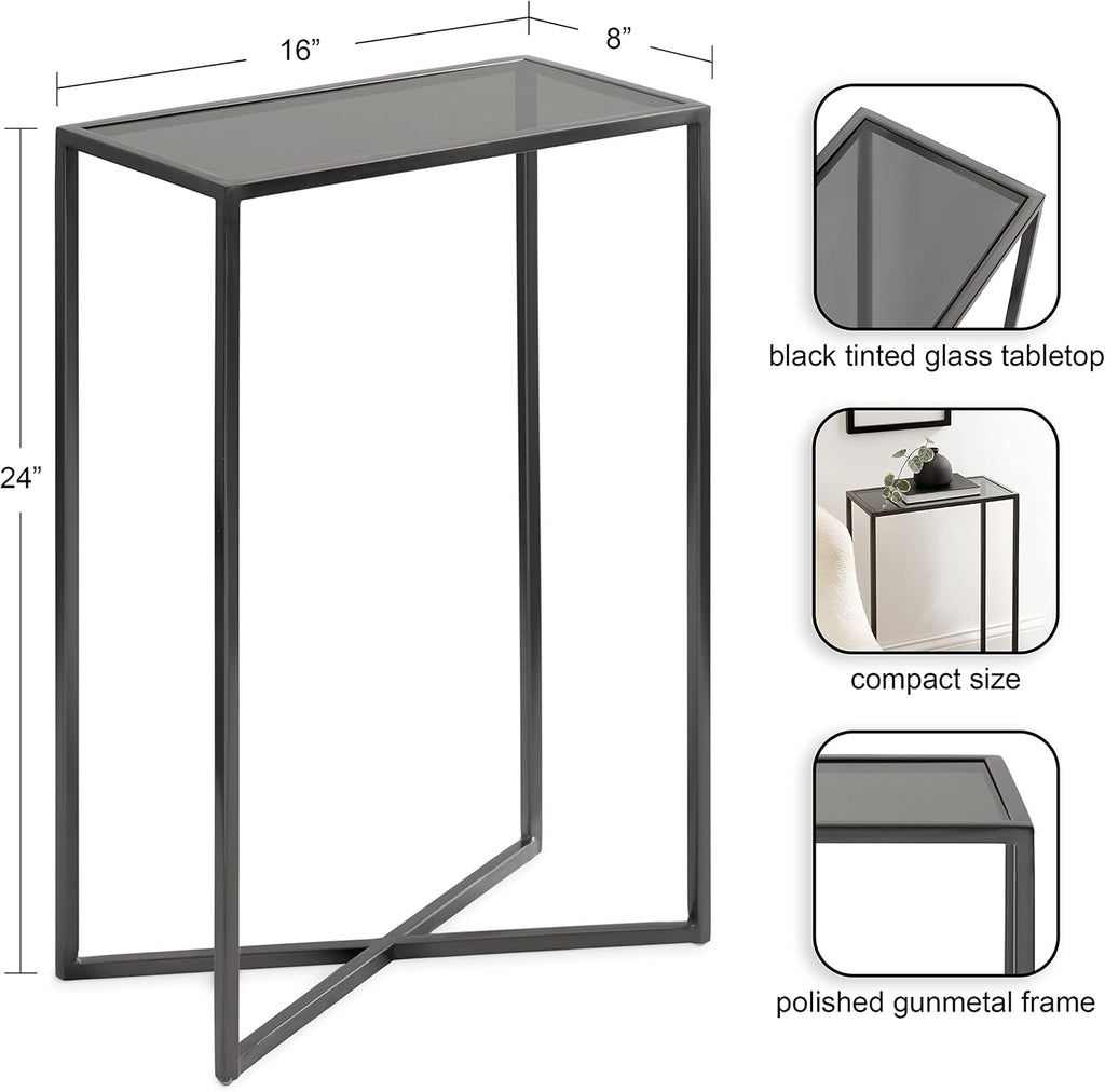 Kate and Laurel Jaspur Modern Narrow End Table, 16 x 8 x 24, Tinted Glass and Gray Metal, Decorative Contemporary Glass and Metal Side Table for Use as Bedroom Nightstand or Living Room Accent