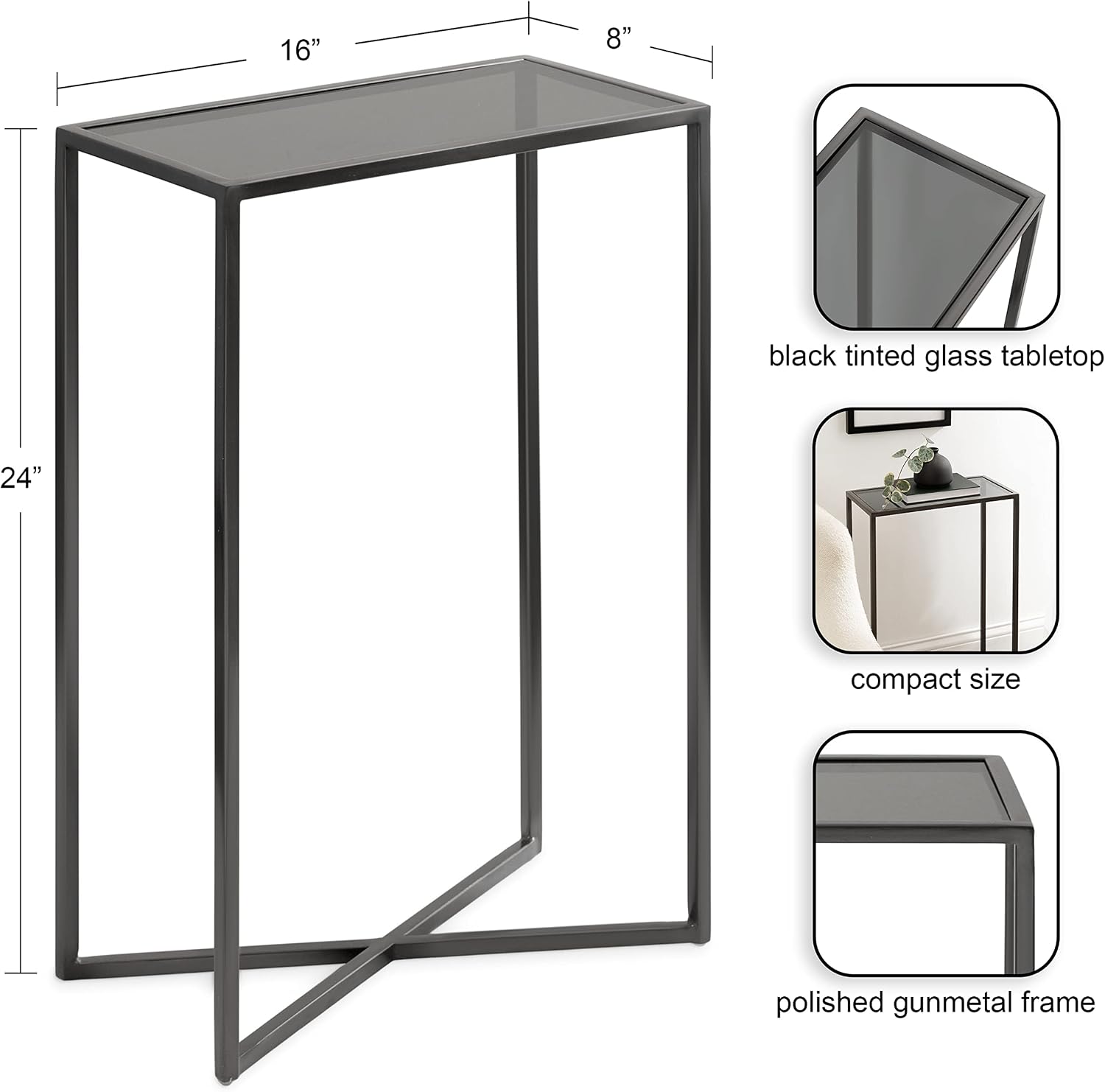 Kate and Laurel Jaspur Modern Narrow End Table, 16 x 8 x 24, Tinted Glass and Gray Metal, Decorative Contemporary Glass and Metal Side Table for Use as Bedroom Nightstand or Living Room Accent