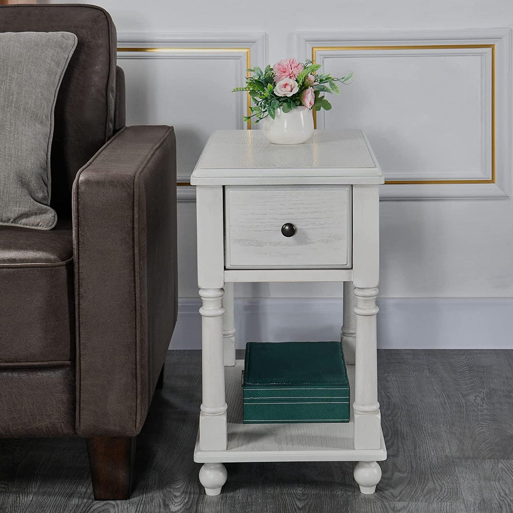 Narrow Open End Table with Drawer, Solid Wood Side Table 2-Tier Skinny Table with Storage Shelves Slim Nightstand Small Sofa End Table for Living Room Bedroom-Antique White 004RW