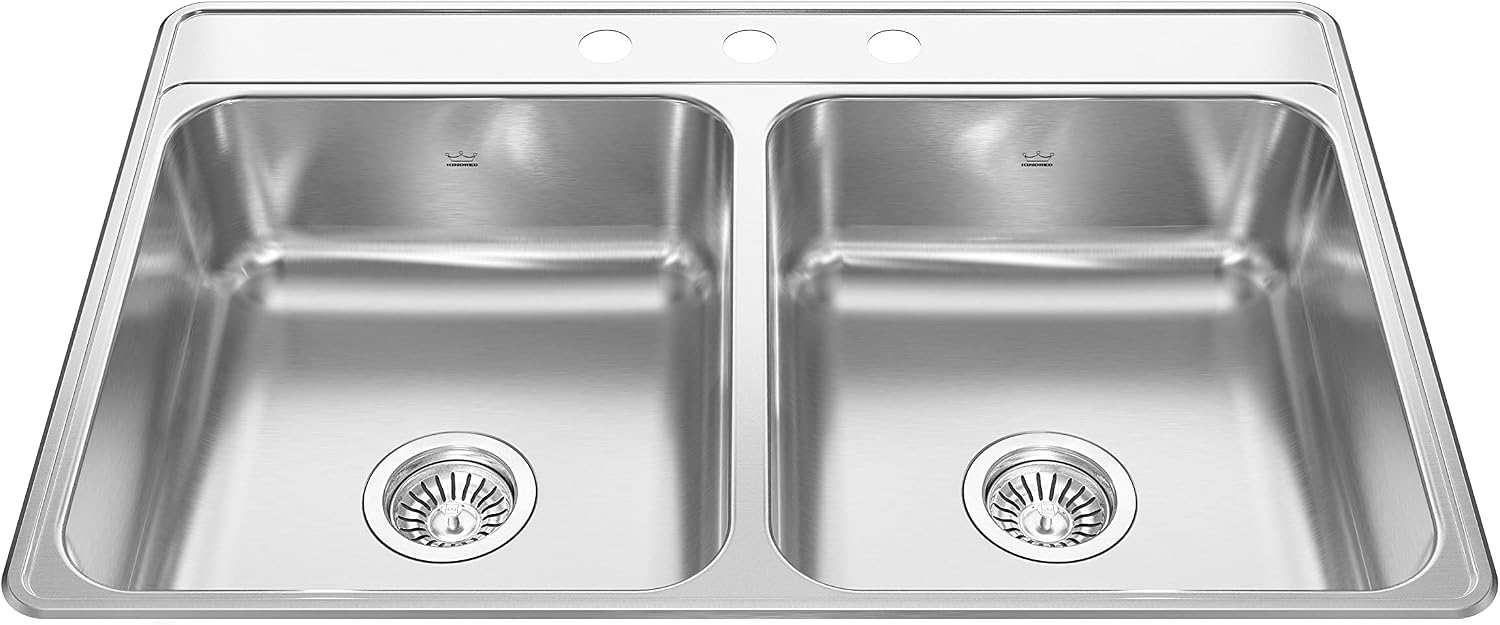 Kindred Creemore 33-in LR x 22-in FB x 7-in DP Drop In Double Bowl 3-Hole Stainless Steel Kitchen Sink, CDLA3322-7-3N