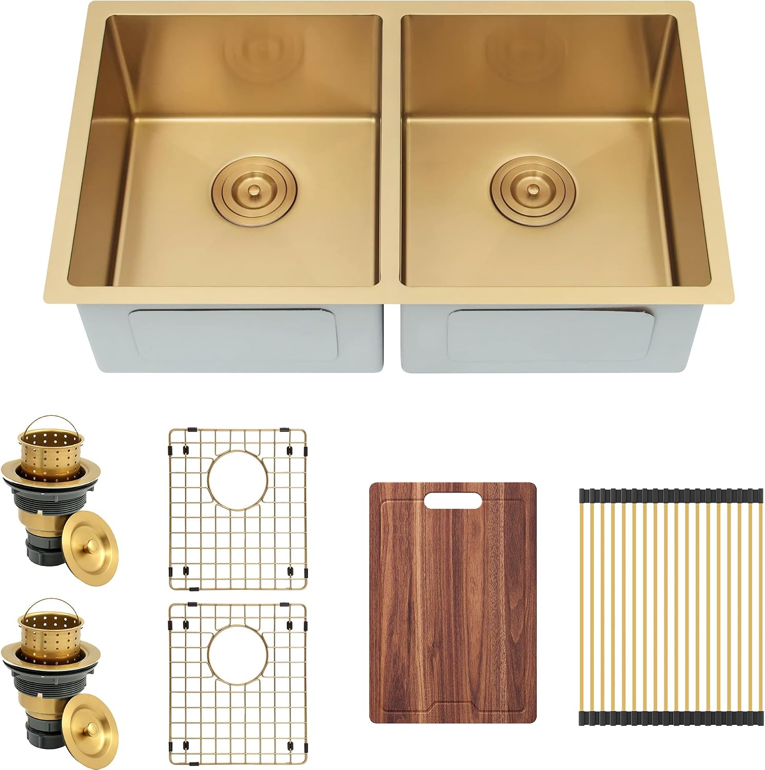 32 Inch Gold Double Bowl Kitchen Sink Undermount 304 Stainless Steel 16 Gauge 50/50 Spacious Double Basin Sinks with Accessories 32' x 18' x 10'