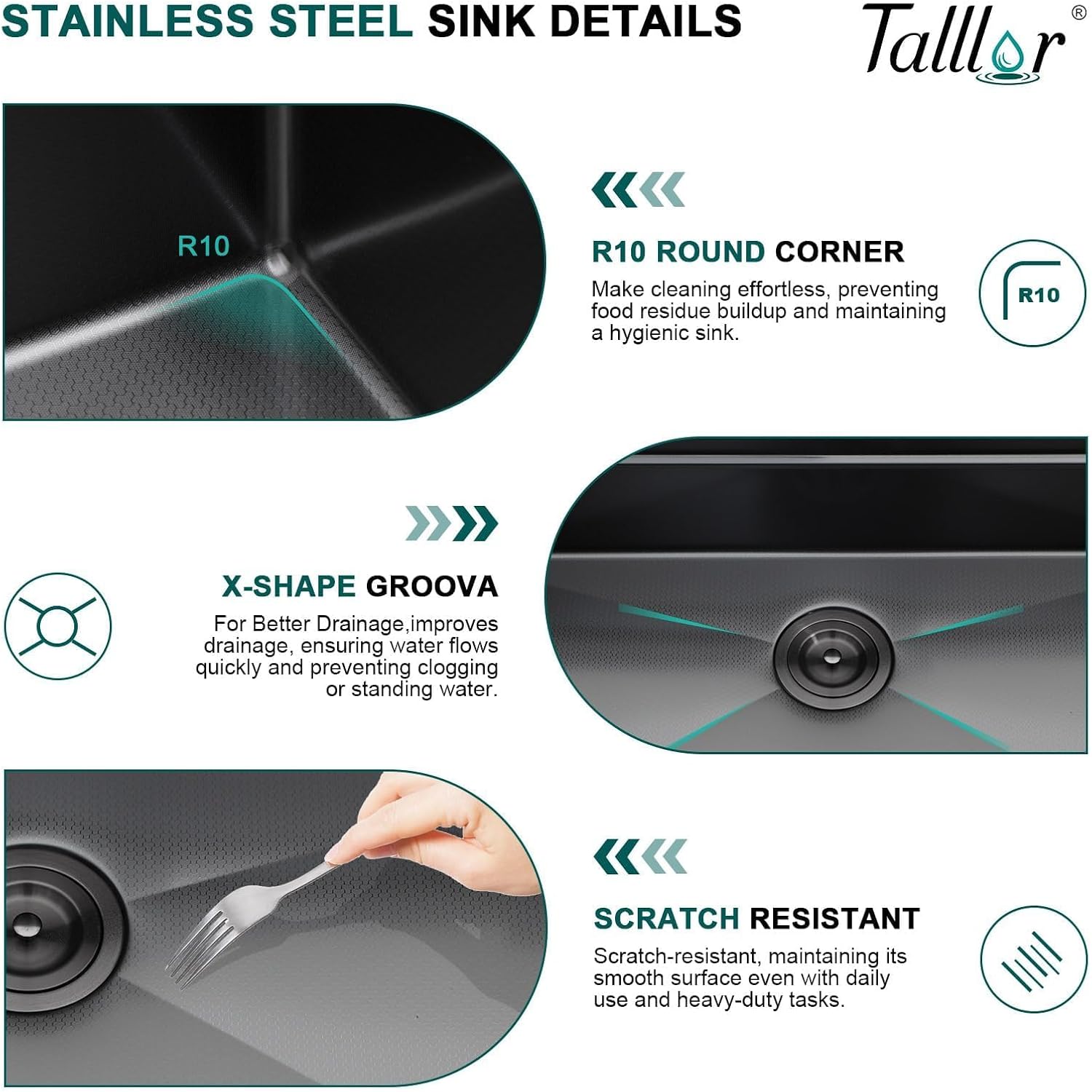 Smart Kitchen Sink - 30' Drop In Waterfall Single Bowl 16 Gauge 304 Stainless Steel Workstation Sink with Mechanical Control Panel & Pull-Down Faucet, Gunmetal Black for Decoration #TLWF-0012