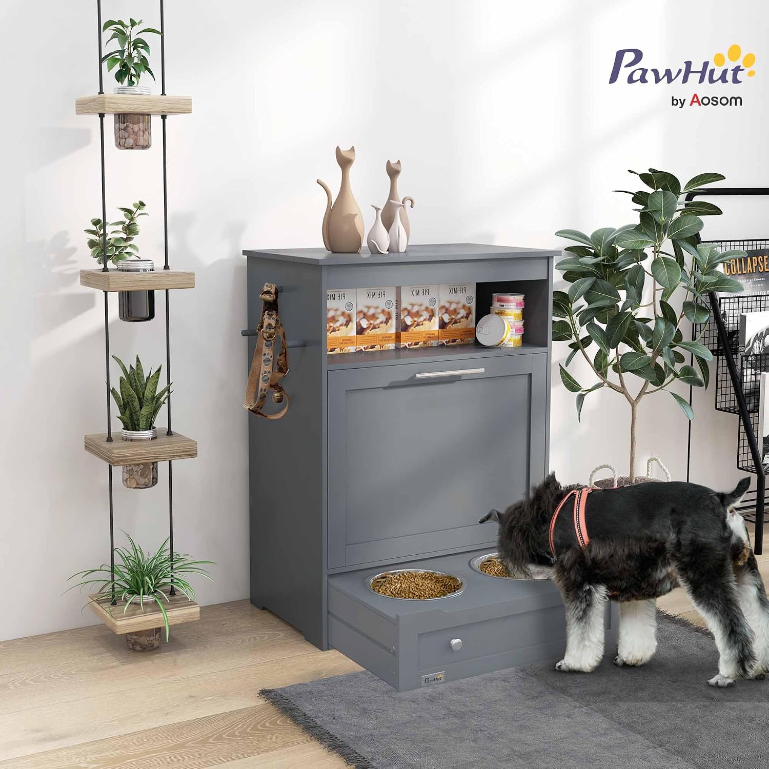 PawHut Dog Feeding Station with Raised Bowls, Dog Food Storage Cabinet with Hanger for Feeding & Watering Supplies, Pet Feeder Station, Gray