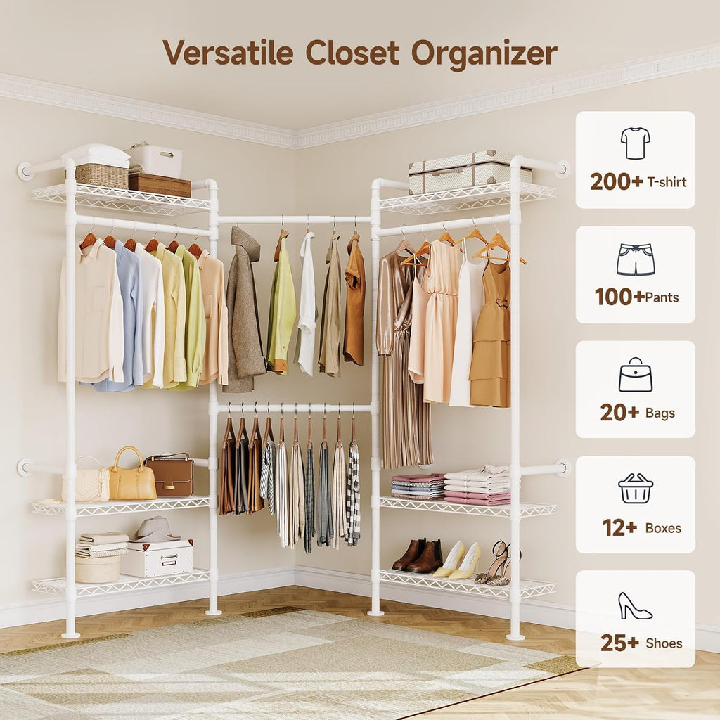 ONBRILL L3 Wall Mounted Industrial Pipe Closet System, Corner Closet Organizers with 4 Telescopic Rods & 6 Shelves, Heavy Duty Clothing Clothes Rack in Wardrobe Closet (White)