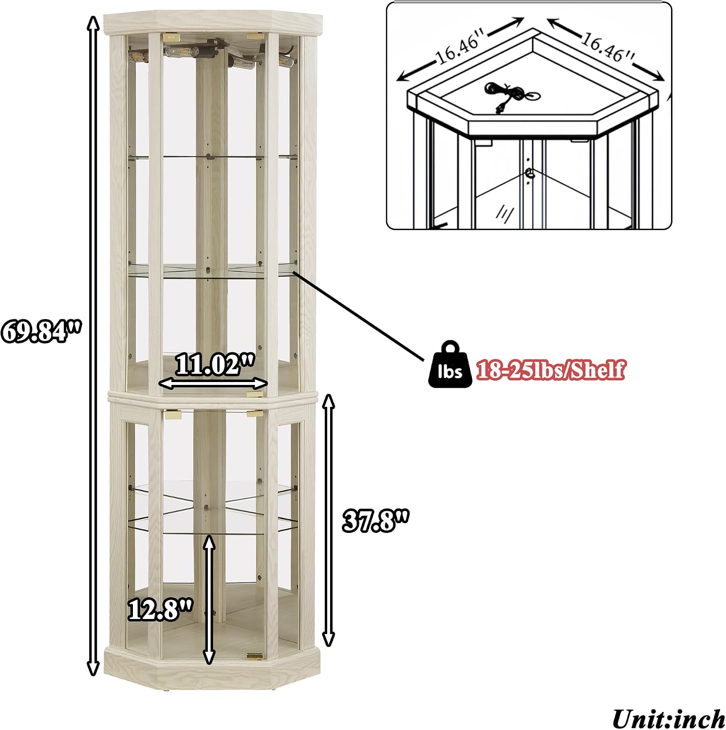 69' H Lighted Corner Display Cabinet, Curio Corner Glass Cabinet w/Adjustable Shelves & Glass Door, 5-Tier Wooden Storage Display Case w/Mirrored Back Pane for Living Room (Antique White)