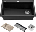 KRAUS Bellucci Workstation 33' Single Bowl Granite Kitchen Sink in Metallic Black w/Accessories, KGTW2-33MBL, Includes Dish Drainer/Dish Drying Rack