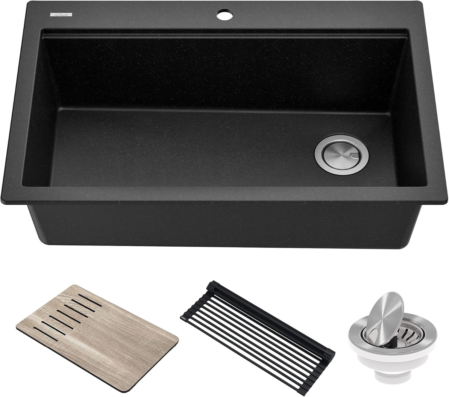KRAUS Bellucci Workstation 33' Single Bowl Granite Kitchen Sink in Metallic Black w/Accessories, KGTW2-33MBL, Includes Dish Drainer/Dish Drying Rack